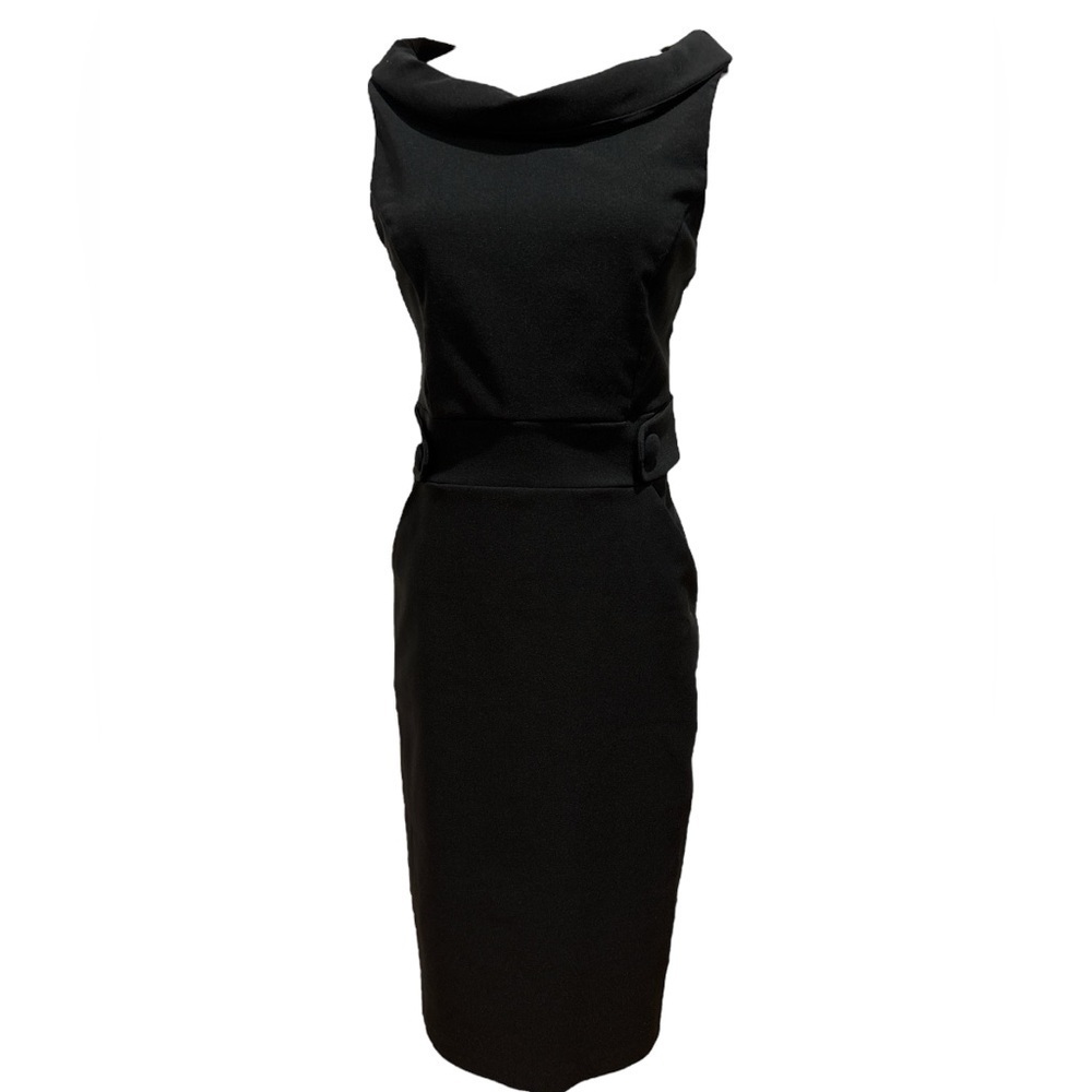 90s INTRIQUE BLACK SLEEVELESS FITTED SHEATH MIDI DRESS W SCOOP COWL NECK  SZ 10 - Picture 3 of 7